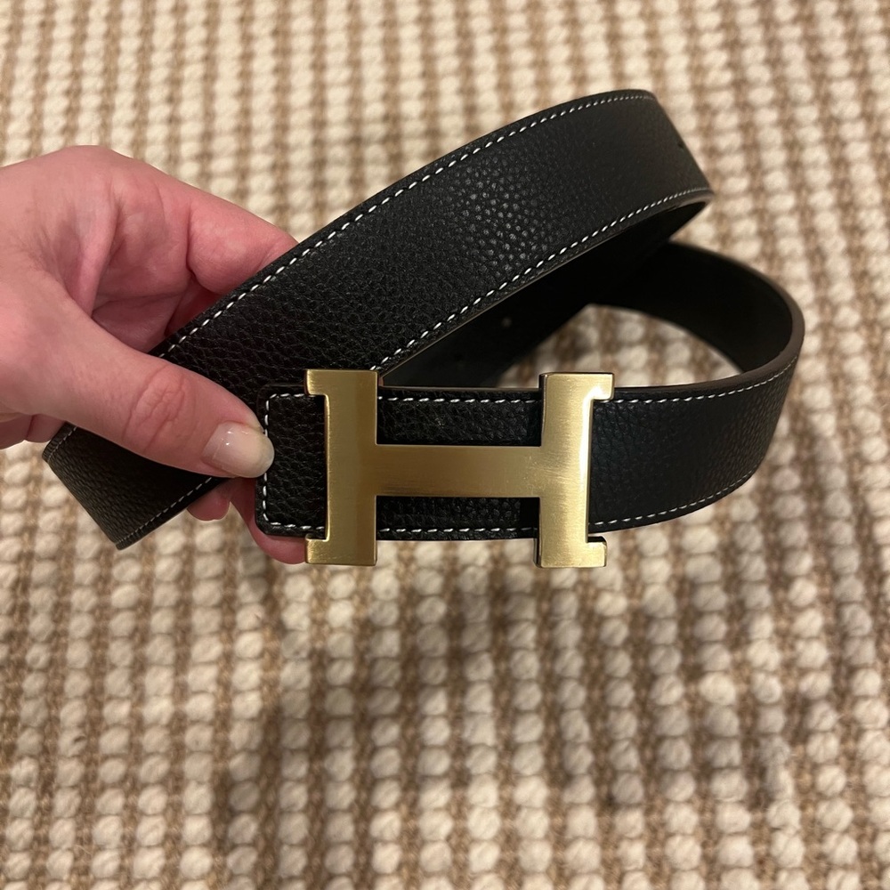 Black Leather Belt with Gold Buckle
